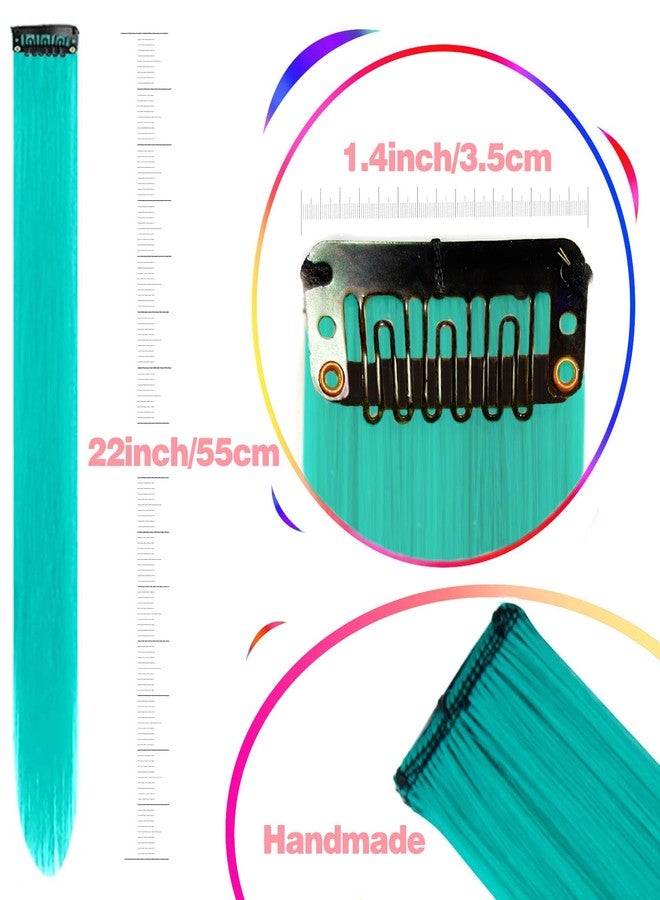 GPOVVIMX 12 PCS Teal Blue Hair Extensions Clip in, Colored Party Highlights Extension for Kids Girls Synthetic Hairpiece Straight 22 inch - Image 3